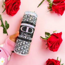 Load image into Gallery viewer, Designer Inspired Bedazzled Tumbler | Black &amp; White Rhinestones | 24 fl oz | Clear &#39;Fake Ice&#39; Lid
