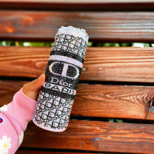 Load image into Gallery viewer, Designer Inspired Bedazzled Tumbler | Black &amp; White Rhinestones | 24 fl oz | Clear &#39;Fake Ice&#39; Lid
